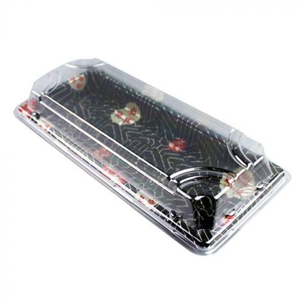 TZ Size 01 Sakura Pattern Sushi Tray w/Clear Lid Combo (8.75" x 3.63" x 1.7") - 1 case (350/set)