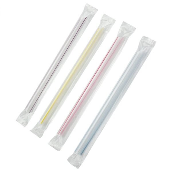 7.75" Colossal (11mm) Assorted Clear Striped Film-Wrapped Plastic Straw - 2000/Case