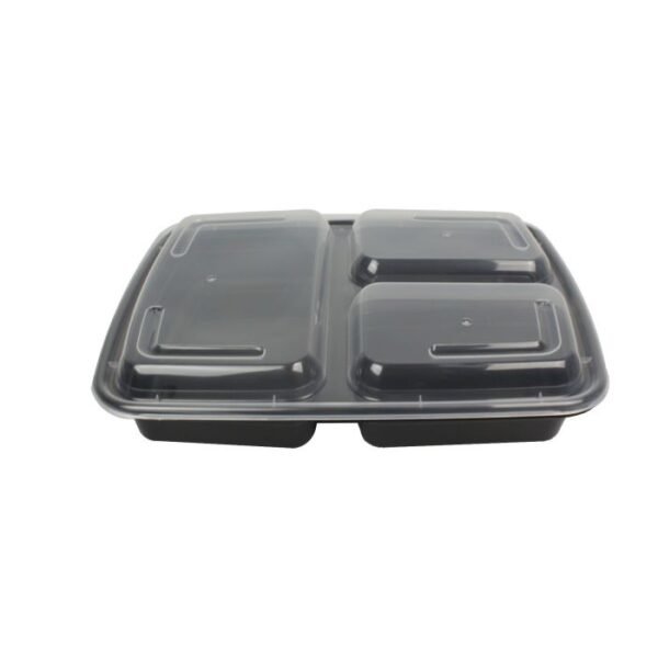 39 oz. 3 Compartment Black Rectangular Plastic Take-Out Container w/ Clear Lid - 150 sets