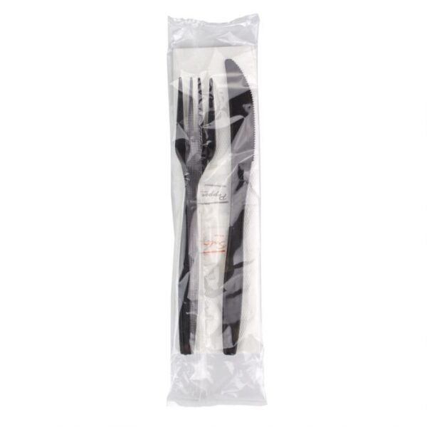 5 PC Individually Wrapped Cutlery Kit, 7" Black Fork/7.5"Knife/White Napkin/Salt/Pepper - 250/Case