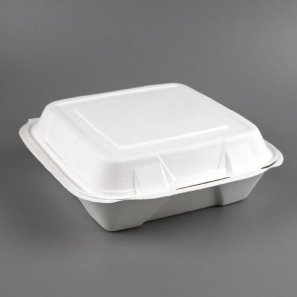 9" x 9" x 3.25" White Compostable Sugarcane / Bagasse Hinged-Lid Take Out Container, Style 2 - 200/Case
