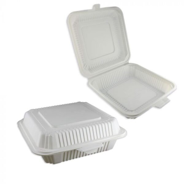 8" x 8" x 2.75" Beige Eco-Friendly Cornstarch Hinged-Lid Take Out Container - 1 case (150 piece)