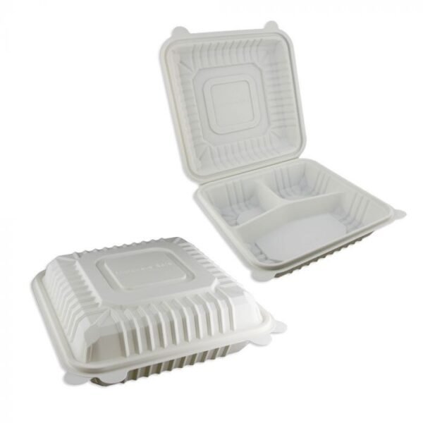 8" x 8" x 2.75" Beige 3 Compartments Eco-Friendly Cornstarch Hinged-Lid Take Out Container - 1 case (150 piece)