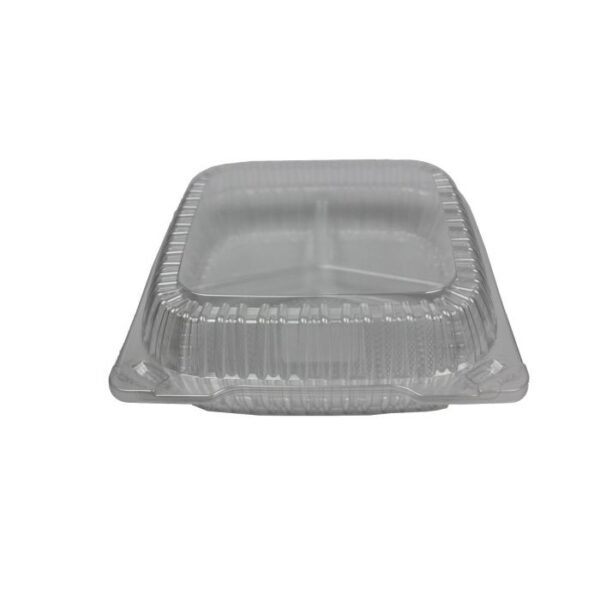 CJ 9'' x 9" 3 Compartment Clear PET Plastic Hinged-Lid Take Out Container - 1 case (150 piece)