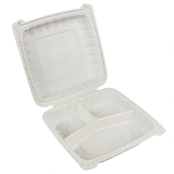 9'' x 9" x 2 3/4" - 3 Compt Clear PP Plastic Hinged-Lid Container - 150/Case