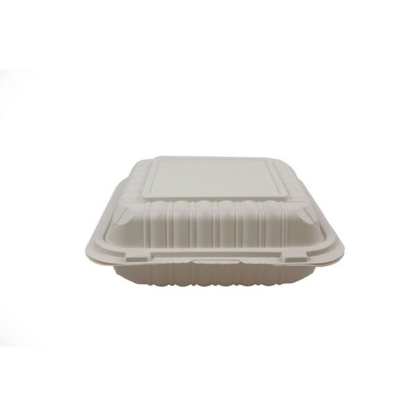 8" x 8" x 2 3/4" 3-Compt PP Plastic Hinged Lid Container, White, Style 2 - 150 count
