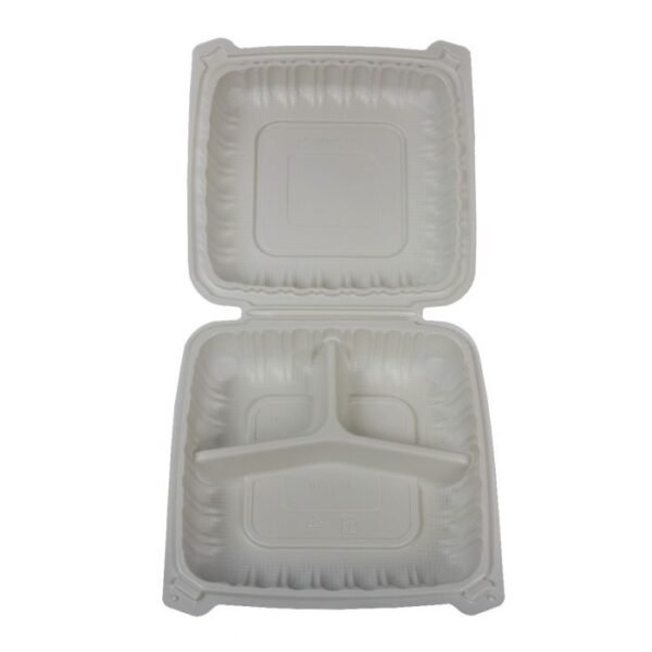 9'' x 9" x 2 3/4" 3-Compt White PP Plastic Hinged Lid Container - 150/cs (2/75)