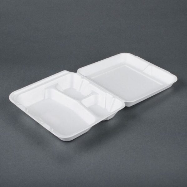 TL 8'' x 8" x 2.5" White 3-Compartment Foam Hinged-Lid Take Out Container - 1 case (200 piece)