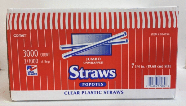 7-3/4'' Plastic Jumbo Straw, Clear, 3000 ct Unwrapped