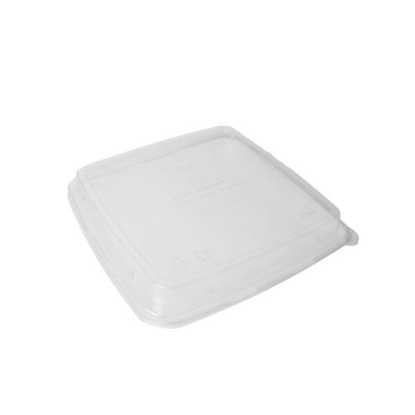 YOCUP Clear PET Flat Top Dome Lid (225mm rim) for 32oz 9' x 9' x 2' Compostable Bagasse Food Tray, No Hole - 400/cs (8/50)